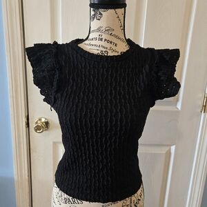Black Textured Knit Top with Ruffle Sleeves